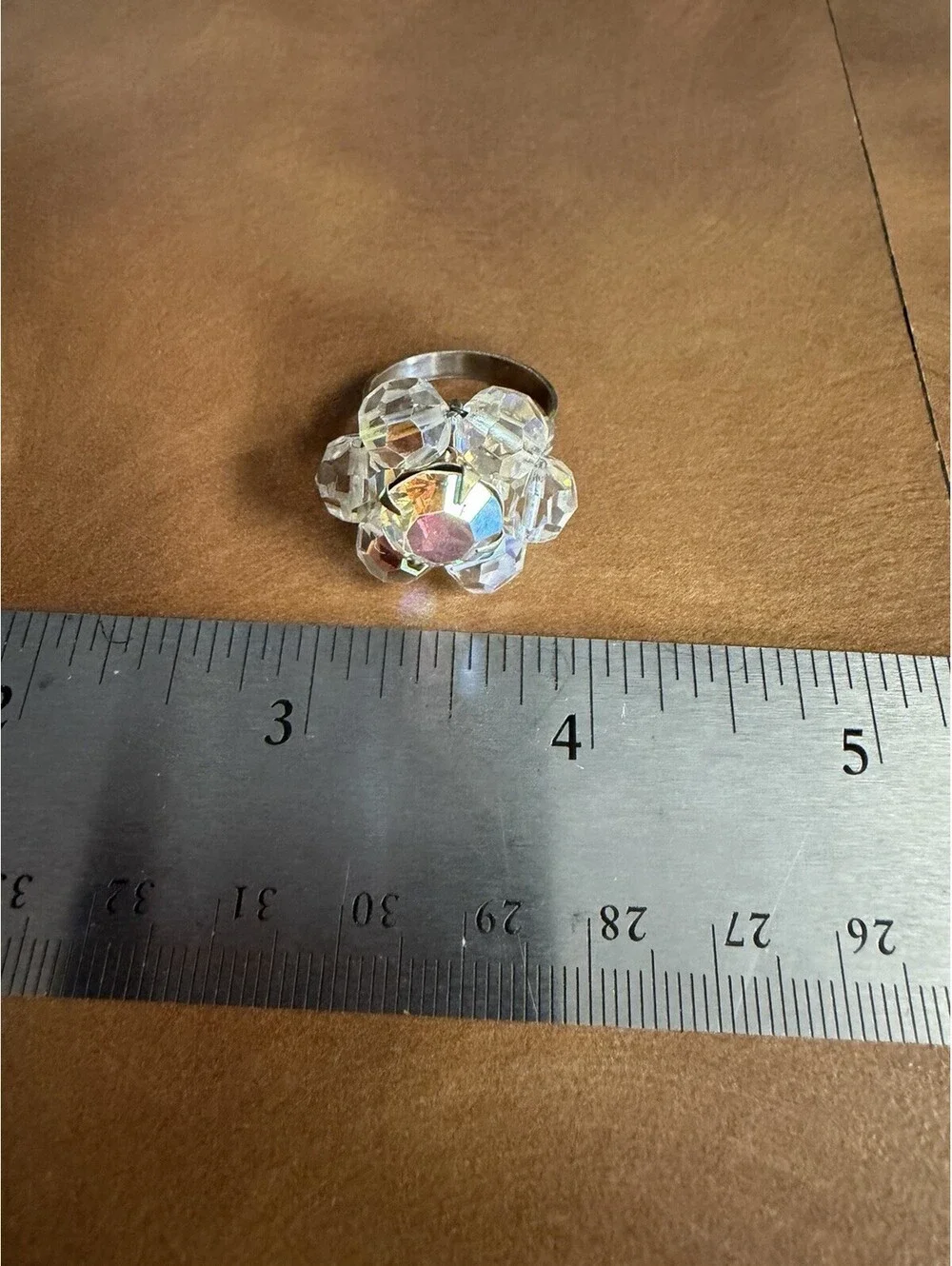 Clear Crystal Flower Cluster Cocktail Ring Silvertone Metal Ring adjustable size